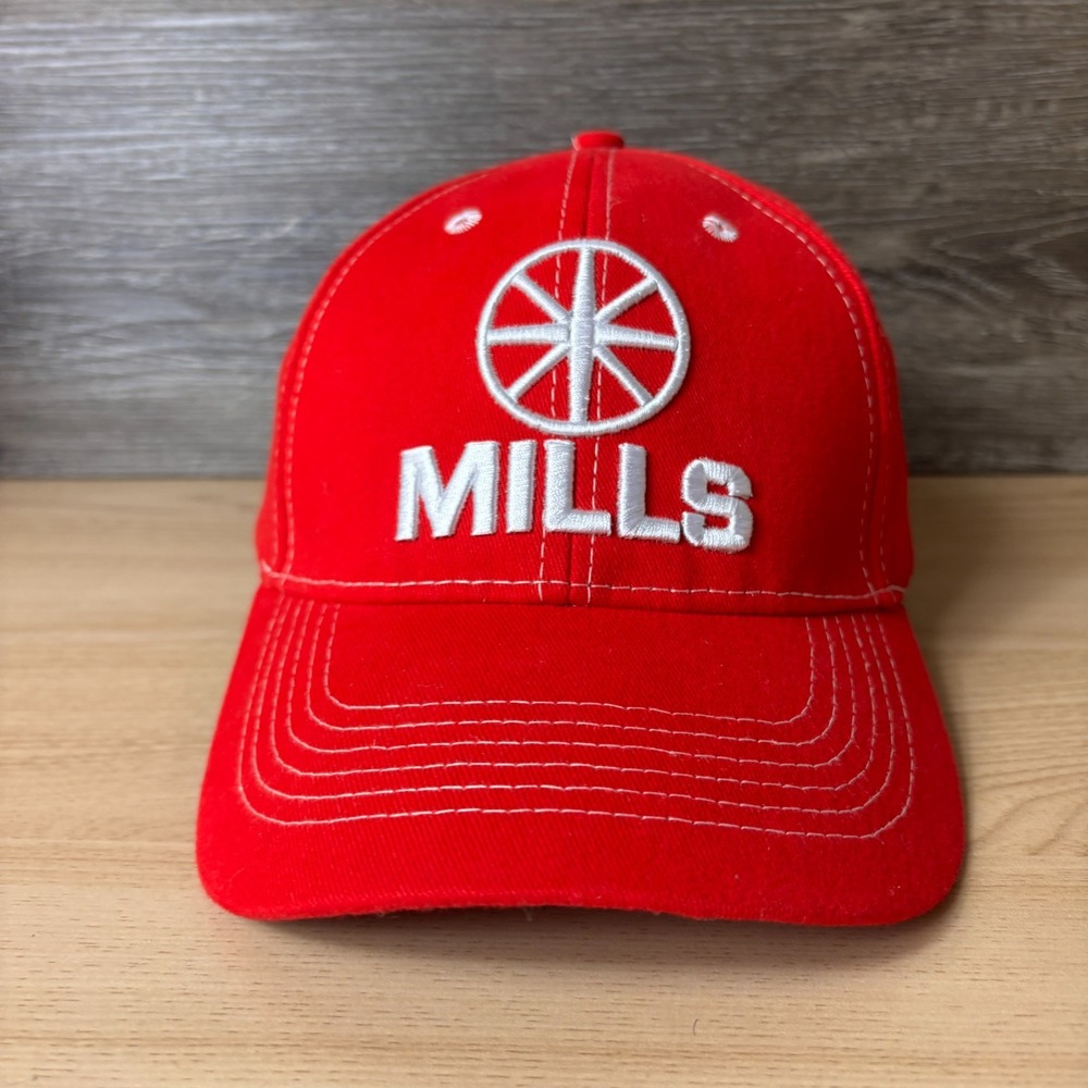 Mills Auto Hat Cap Strap Back Red White Logo One Size Adjustable